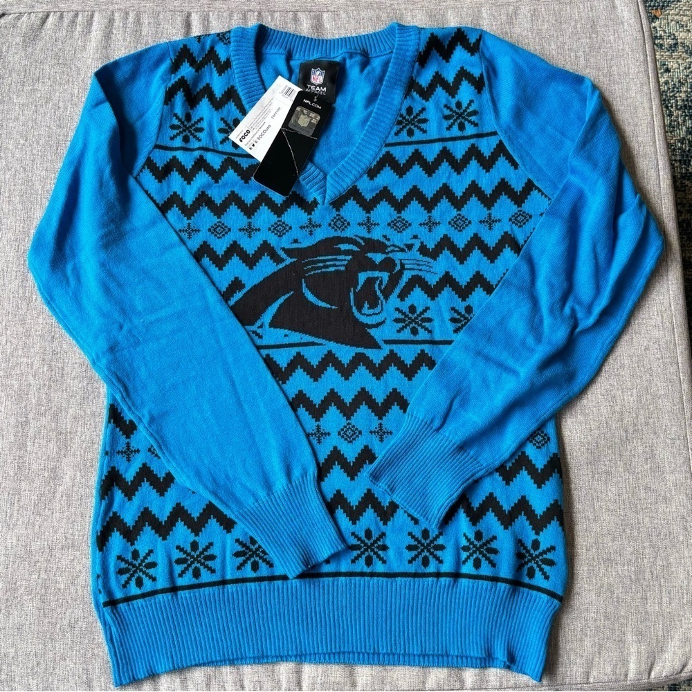Women's NFL Carolina Panthers Team Logo Ugly Holiday V-Neck Sweater, Large